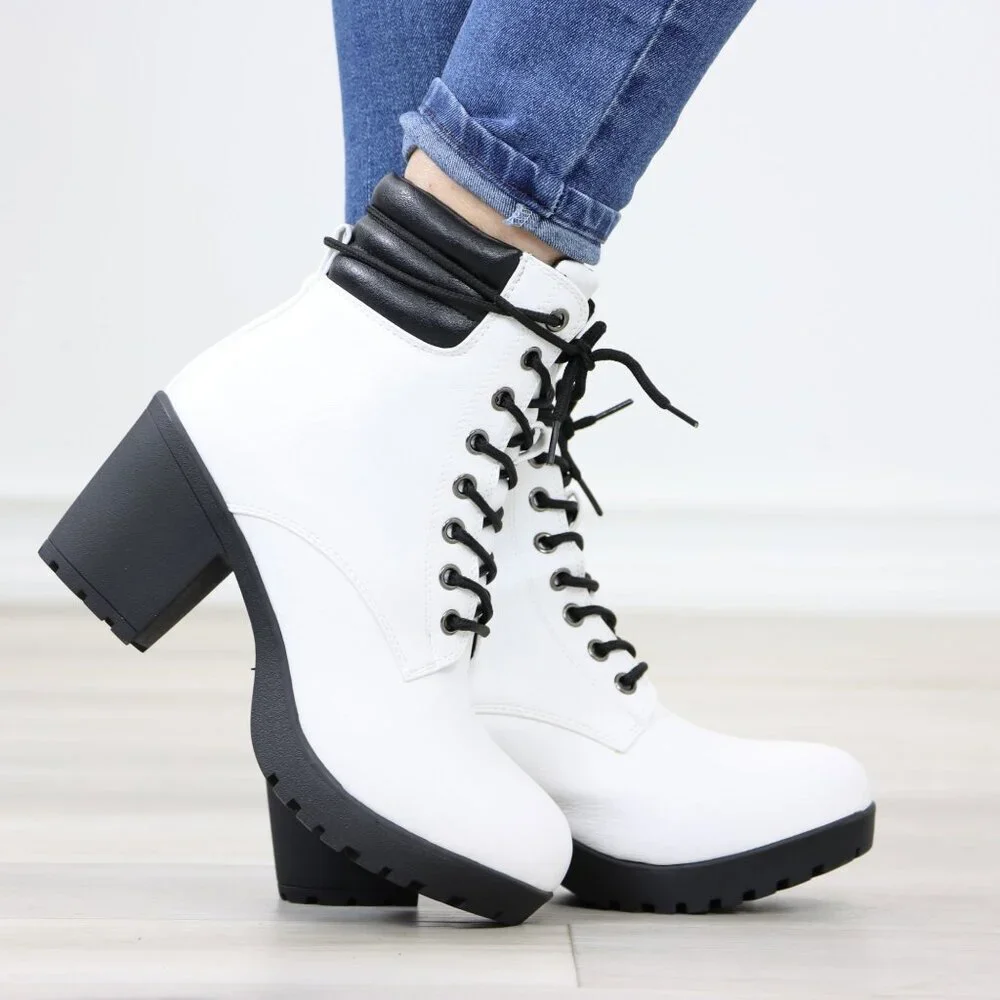 White Lace-Up Ankle Boots with Black Rugged Sole and Padded Collar - Picture 4 of 12